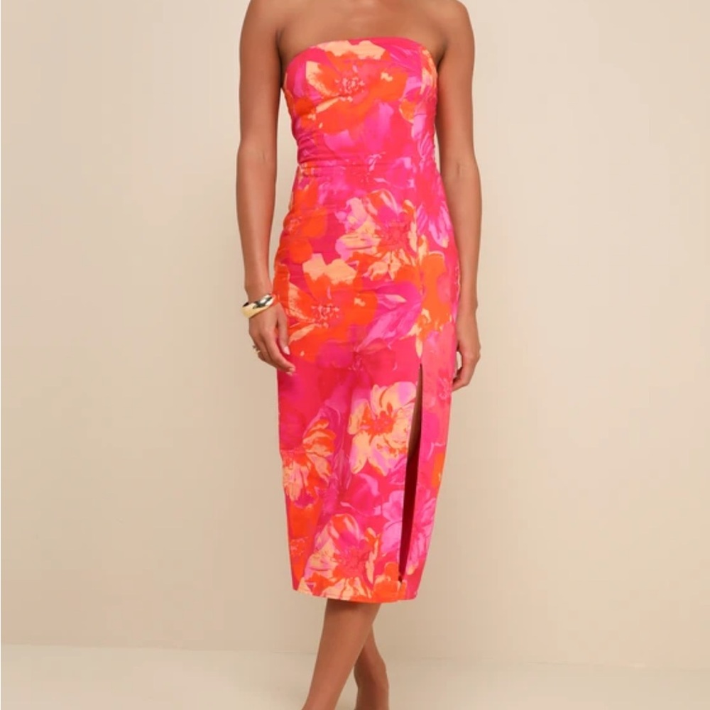 Bold Tendencies Fuchsia Floral Strapless Cutout MIDI Dress - Lulus Size S